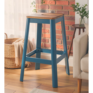 Sunvega Natural & Teal Finish Wooden Stationary Bar Stool with Metal Legs
