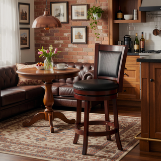 Sunvega Dark Cherry Finish Swivel Bar Chair with Black Faux Leather Upholstery