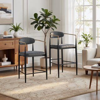 Sunvega Mid-Century Modern Dark Grey Upholstered Counter Stools with Footrest (Set of 2)