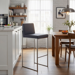 Sunvega Fuji High Back Barstool Set of 3 in Stainless Steel and Grey Faux Leather