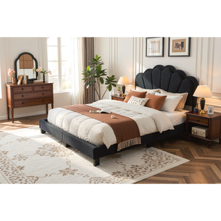 Sunvega Queen Bed with LED Headboard and Scalloped Tufted Upholstery in Charcoal
