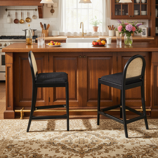 Sunvega Natural Oak and Cane Rattan Counter Stools with Black Boucle Upholstery