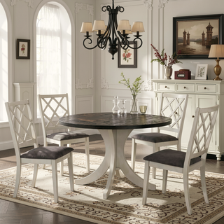 Sunvega Antique White Solid Wood Side Chairs with Gray Fabric Cushioned Seats