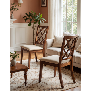Sunvega Antique White Solid Wood Side Chairs with Gray Fabric Cushioned Seats