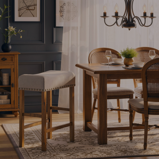Sunvega Counter Height Stools with Tan Linen Upholstery and Weathered Oak Finish
