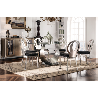 Sunvega Contemporary Silver Metal Frame Oval Back Dining Chairs with Black Microfiber Seat