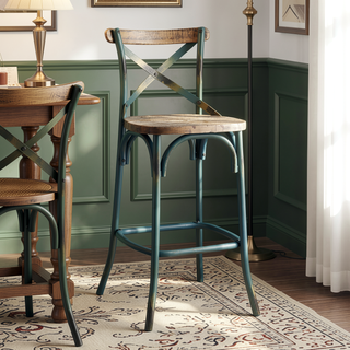 Sunvega Antique Turquoise and Oak Bar Stool with Cross Back and Wooden Seat