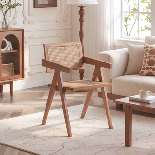 Sunvega Modern Natural Cane Armchair with Square Backrest for Dining Room