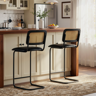 Sunvega Cantilever Rattan Back PU Leather Bar Stools Set of 2 for Kitchen