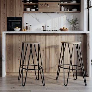 Sunvega Industrial Metal Bar Stool with Natural Wood Seat and Hairpin Legs