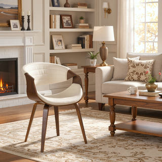 Sunvega Mid-Century Modern Dining Accent Chair with Walnut Wood Legs and Cream Faux Leather