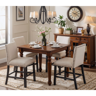 Sunvega Natural Linen Blend Upholstered Counter Dining Chair Set with Antique Gray Wood Legs