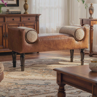 Sunvega Buffalo Leather Upholstered Bench with Plush Boucle Cushions and Solid Mango Wood