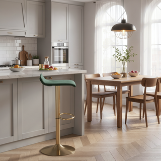 Sunvega Adjustable Height Barstool with Swivel in Gold Brushed Metal and Green Velvet