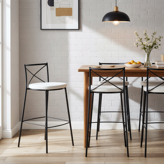 Sunvega Modern Charlotte 30" Fixed-Height Barstool in Black Metal and White Faux Leather