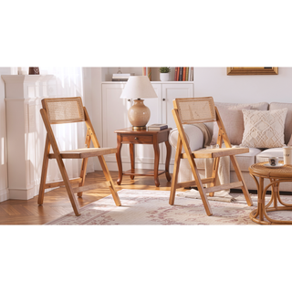 Sunvega Modern Industry Chic Cane Folding Dining Chair Set of 2 in Black and Natural