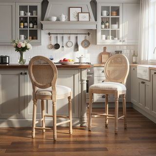Sunvega French Style Solid Wood Frame Linen Fabric Oval Back Dining Chairs Set of 2