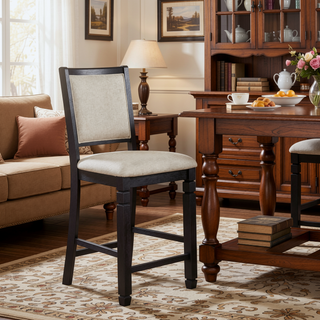 Sunvega Black Finish Wooden Counter Height Chairs with Beige Textured Fabric 2pcs Set