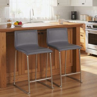 Sunvega Contemporary Counter Stool with Grey Faux Leather and Brushed Stainless Steel