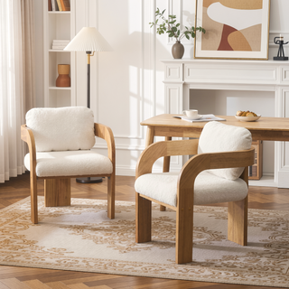 Sunvega Dining Chairs with Pillow Back, Natural Rubber Wood Frame and Beige Fabric, 2-Pack