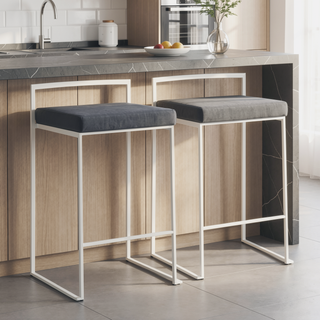 Sunvega Contemporary Stackable Counter Stool with Black Velvet Cushion in White - Set of 2