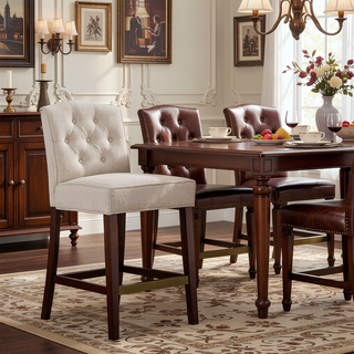 Sunvega Button Tufted Counter Stool with Espresso Wood Finish and Bronze Kick Plate