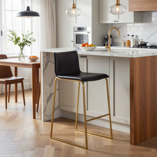 Sunvega Contemporary Gold Steel and Black Faux Leather Barstool Set of 2