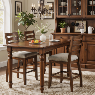 Sunvega Traditional Cherry Finish Wood Frame Counter Height Chairs with Beige Upholstery