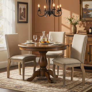 Sunvega Set of 4 Natural Wood Wash Upholstered Fabric Dining Chairs with Nailhead Trim