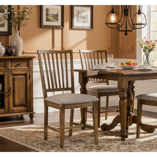 Sunvega Transitional Weathered Oak Finish Tan Linen Upholstered Dining Side Chairs Set of 2