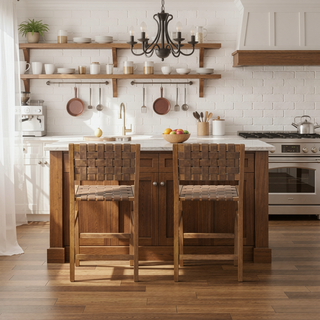 Sunvega Faux Leather Woven Counter Stool with Solid Wood Frame 24 Inch Height