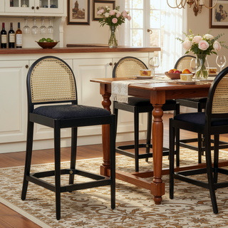 Sunvega Natural Oak and Cane Rattan Counter Stools with Black Boucle Upholstery