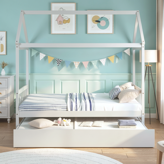 Sunvega Twin House Bed Frame with Trundle and Roof Made of Solid Pinewood