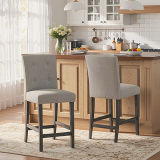 Sunvega Contemporary Fabric Button Tufted Counter Stools Set of 2 Light Grey