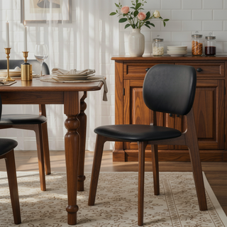 Sunvega Mid-Century Modern Black Vegan Leather Dining Chairs with Walnut Base Set of 2