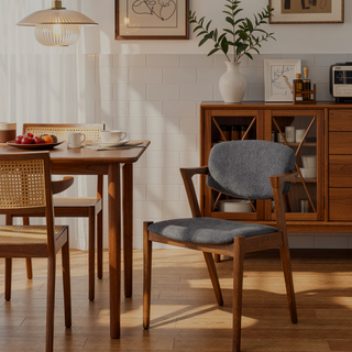 Sunvega Dark Walnut Legs and Grey Upholstered Dining Chair with Eye-Catching Design