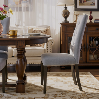Sunvega Grey Linen Upholstered Button Tufted Side Chairs with Wooden Tapered Legs