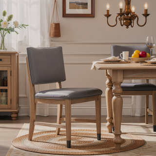 Sunvega Set of 2 Gray Faux Leather Dining Chairs with Muted Brown Wood Legs