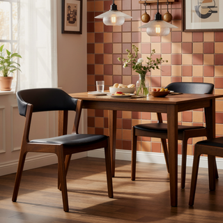 Sunvega Enzo Mid-Century Modern Black PU Leather Dining Chair Set Of 2 with Walnut Base