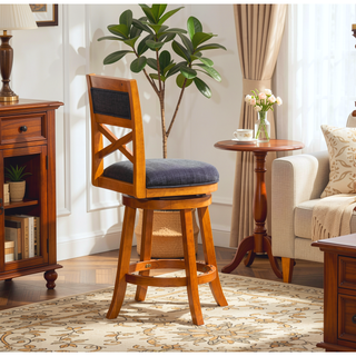 Sunvega 24 Inch Counter Height X-Back Swivel Stool with Beige Fabric Seat and Cherry Finish