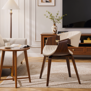 Sunvega Mid-Century Modern Dining Accent Chair with Walnut Wood Legs and Cream Faux Leather