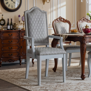Sunvega Two Tone Grey and Pearl Grey Upholstered Back Arm Chairs with Diamond Grid Pattern and Nailhead Trim, Set of 2