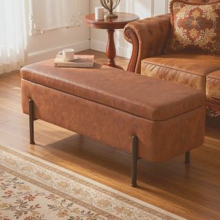 Sunvega Contemporary Black Steel Faux Leather Storage Bench with Flip Top Lid