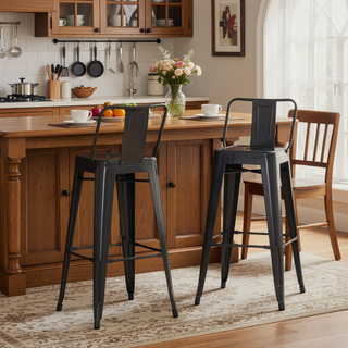 Sunvega Industrial Metal Bar Stool Set of 2 with Curved Back and Foot Rest