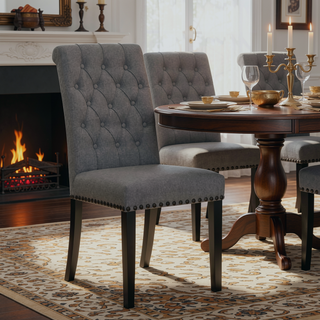 Sunvega Sand and Rustic Espresso Tufted Side Chairs with Rolled Backrest and Padded Seat