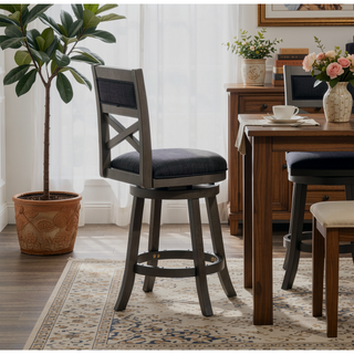 Sunvega 30 Inch Bar Height Swivel Stool with X Back Design and Charcoal Fabric Seat
