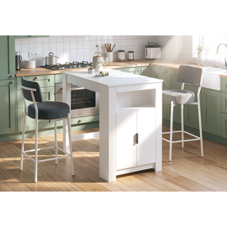 Sunvega Contemporary Kitchen Barstools with Grey Fabric Upholstery and White Metal Legs