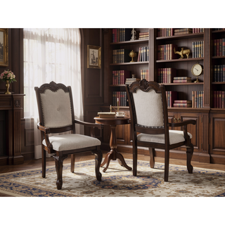 Sunvega Traditional Style Arm Chairs with Luxurious Beige Upholstery and Rich Coffee Brown Finish