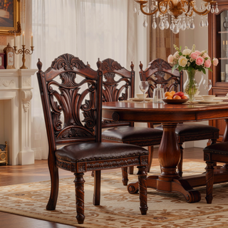 Sunvega Traditional Walnut Solid Wood Dining Chairs with Dark Brown Leatherette Seats