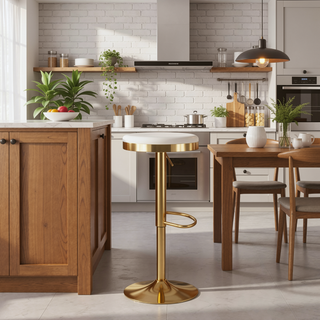 Sunvega Gold Steel Frame Cream Velvet Upholstered Adjustable Swivel Barstool Set